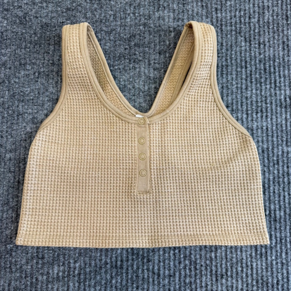 Offline‎ by Aerie Waffle Knit Crop Tank Beige Snap Button Ribbed Medium